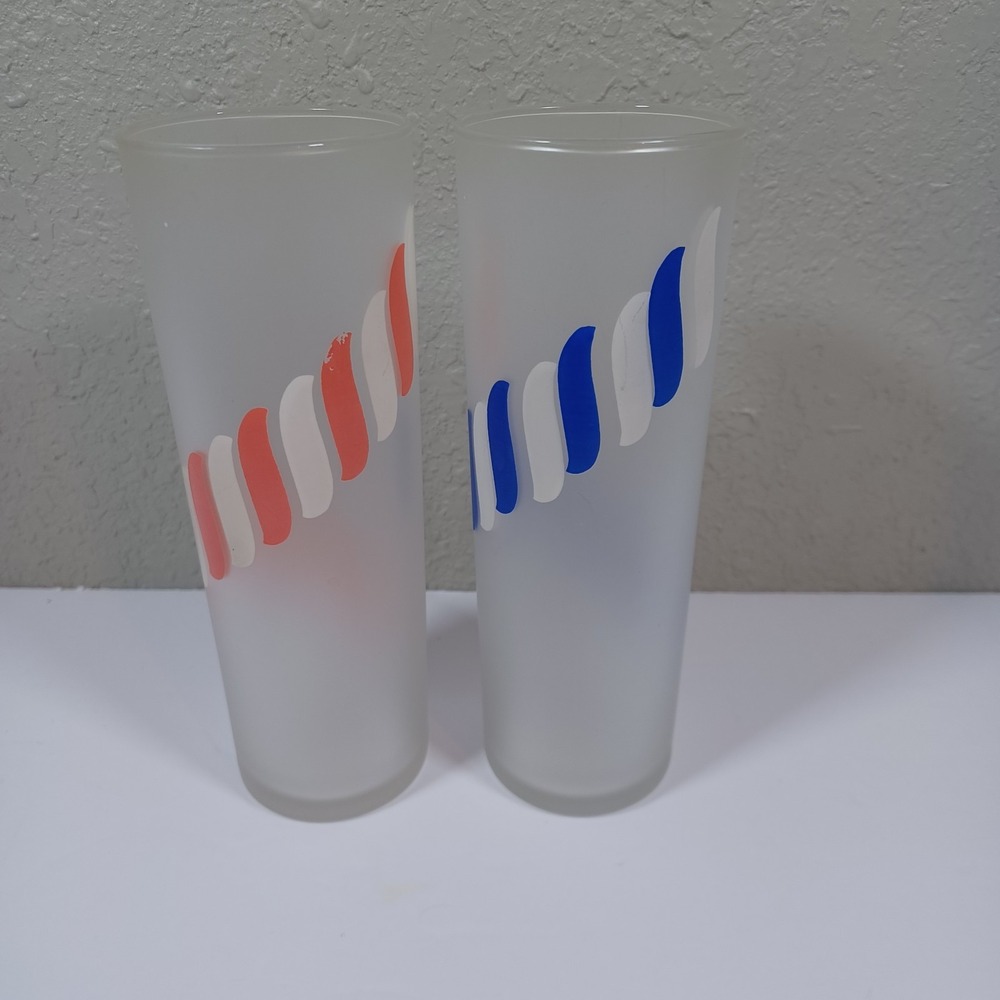 2 Libbey‎ Frosted Tom Collins Glasses Blue Red Candy Stripes 12 OZS